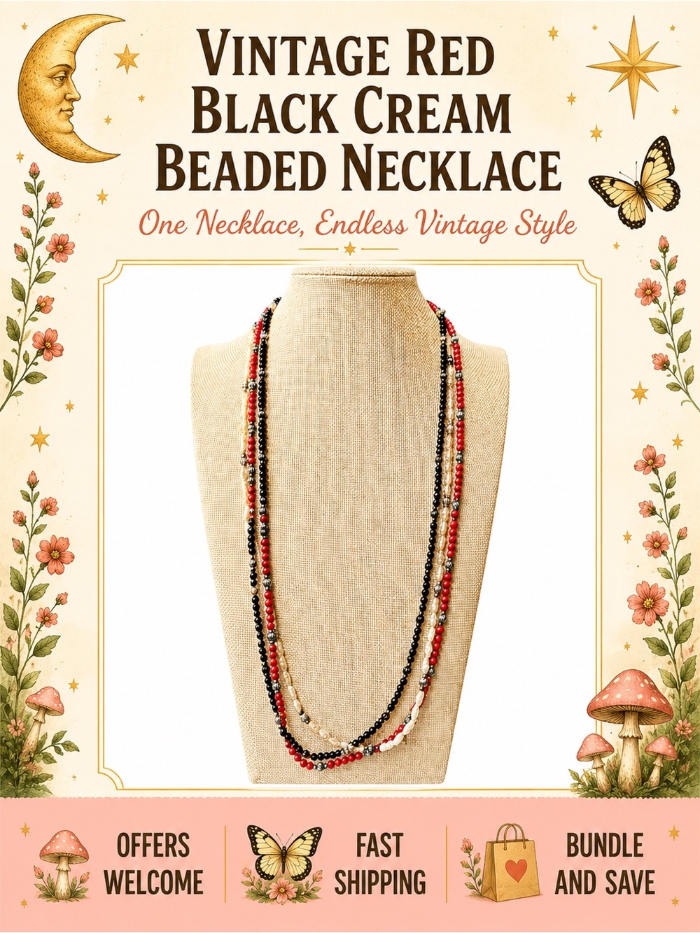 Vintage Red Black Cream Beaded Necklace 33” Multi Wear Layering